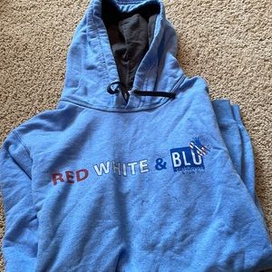 CUTE BLUE SWEATSHIRT-slightly worn with slight peeling & a stain!